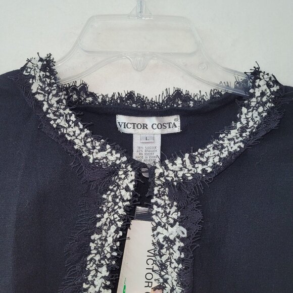 Victor Costa Sweater Womens L Black Fringe 3/4 Sleeve Cropped Cardigan Party New - Picture 2 of 10